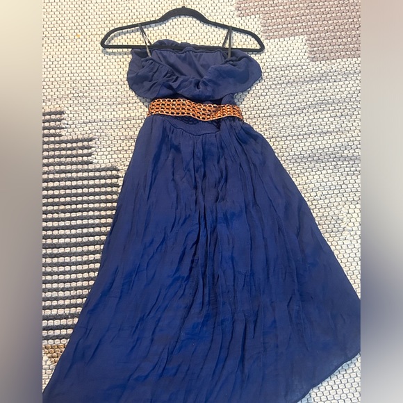 Strapless Navy Dress with Belt Flowy Summertime Dress - Picture 4 of 5